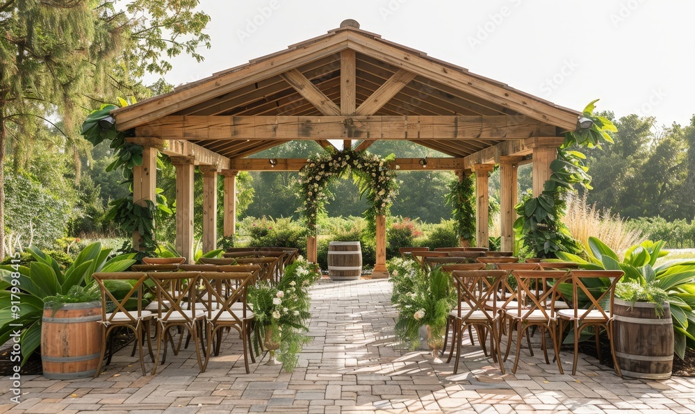 Elegant spring wedding ceremony with lush green plants and floral decorations Elegant spring wedding ceremony with lush green plants and floral decorations