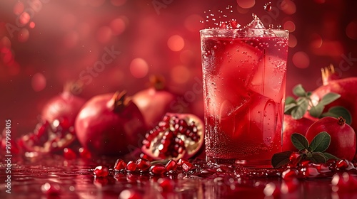 Craft a mouthwatering scene of pomegranate seeds plunging into a glass of pomegranate juice, against a ruby red backdrop.