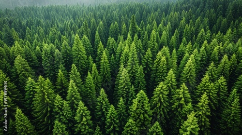 Lush evergreen forest from above under soft morning mist in a serene natural landscape