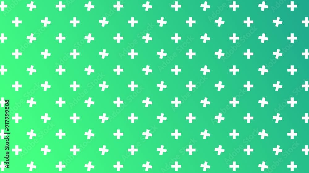 Green gradient background with evenly spaced white plus signs, seamless looping animation, perfect for modern designs. Green gradient background with evenly spaced white plus signs, seamless looping animation, perfect for modern designs.