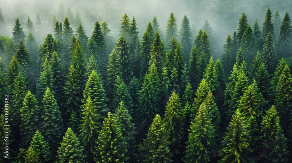 Lush green coniferous forest enveloped in morning fog Lush green coniferous forest enveloped in morning fog