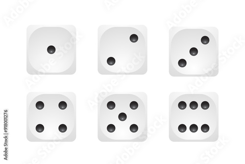 White 3d dice icon vector set. Six faces of game die from one to six on white background. Front cube sides with black dots 1,2,3,4,5,6. Realistic gambling objects to play in casino, backgammon, poker.