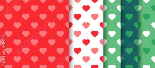 Seamless pattern with hearts. Red green backgrounds. Christmas wrapping papers. Set festive prints. Collection geometric backdrops. New year textures. Vector illustration