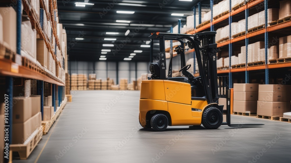 Interior view of a large warehouse with a stationary yellow forklift surrounded by stacked boxes. Interior view of a large warehouse with a stationary yellow forklift surrounded by stacked boxes.