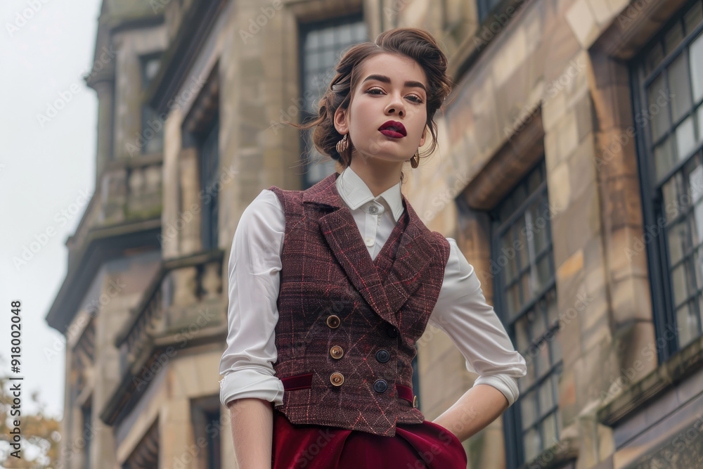 Fototapeta premium Elegant claret skirt paired with bold cherry waistcoat exudes style and confidence