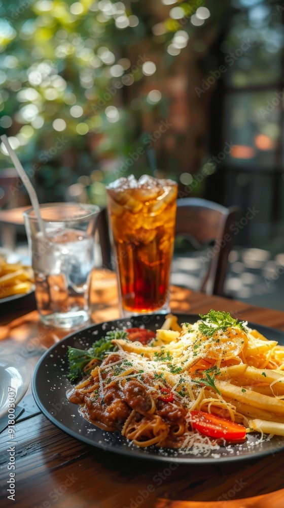 Delicious Pasta with French Fries and Soft Drinks Delicious Pasta with French Fries and Soft Drinks
