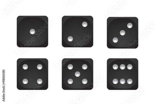 Black 3d dice icon vector set. Six faces of game die from one to six on white background. Front cube sides with white dots 1,2,3,4,5,6. Realistic gambling objects to play in casino, backgammon, poker.