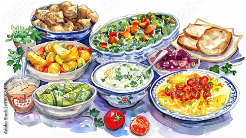 Potluck dinner with a variety of homemade dishes,Clipart, watercolor illustration, Perfect for nursery art The style is hand  drawn, white background