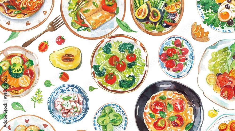 Vegan dinner with plant-based dishes,Clipart, watercolor illustration, Perfect for nursery art The style is hand drawn, white background Vegan dinner with plant-based dishes,Clipart, watercolor illustration, Perfect for nursery art The style is hand drawn, white background