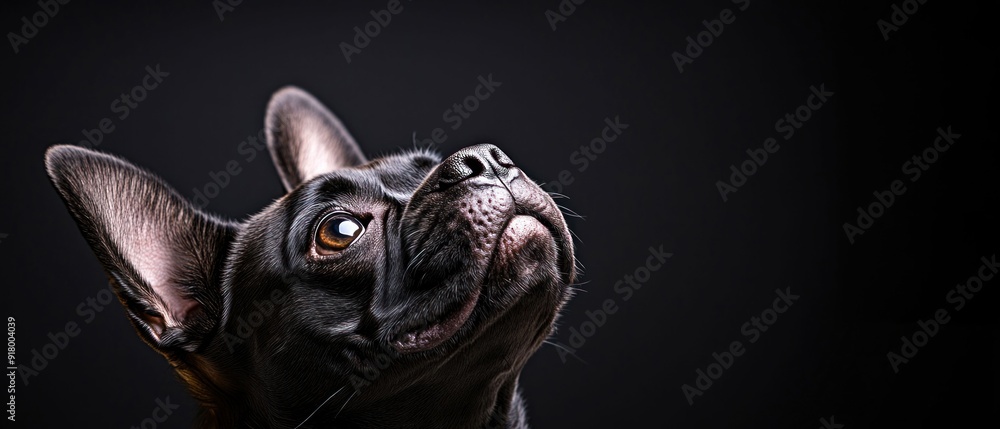 French Bulldog Looking Upwards on Black Background. French Bulldog Looking Upwards on Black Background.