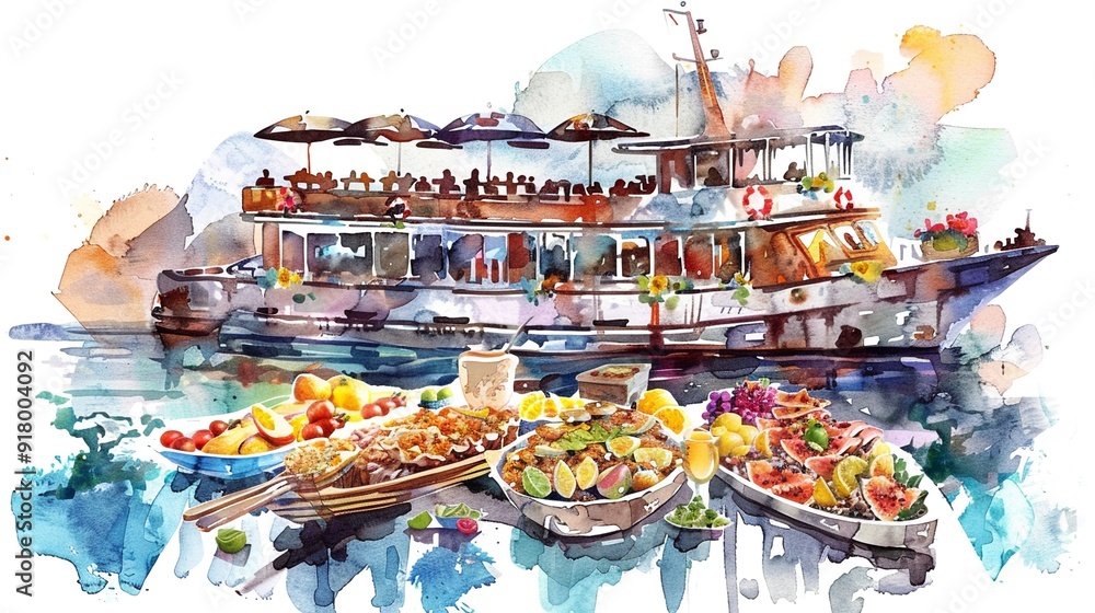 Dinner cruise with a buffet on a boat,Clipart, watercolor illustration, Perfect for nursery art The style is hand drawn, white background Dinner cruise with a buffet on a boat,Clipart, watercolor illustration, Perfect for nursery art The style is hand drawn, white background