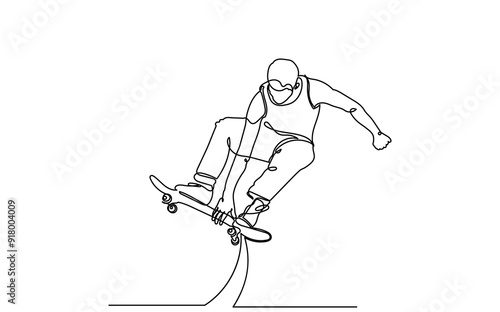 One Continuous line drawing of a skateboarder young teenage man. A Single-line skateboarder jumping boy playing with a skateboard isolated on a white background.
