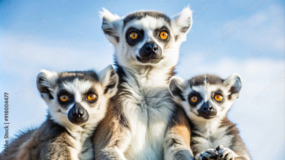 Funny three ring lemur catta sitting and looking forward and blue sky on the background. Funny three ring lemur catta sitting and looking forward and blue sky on the background.