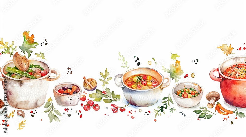 Winter feast with hearty soups and stews,Clipart, watercolor illustration, Perfect for nursery art The style is hand drawn, white background Winter feast with hearty soups and stews,Clipart, watercolor illustration, Perfect for nursery art The style is hand drawn, white background