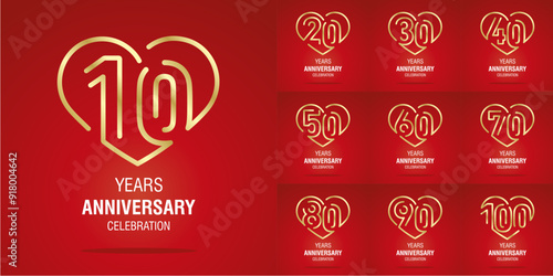 Set of Anniversary decades vector creative design. Golden line art heart shape emblems with numbers on red background for celebration event, invitation, greeting, template, leaflet