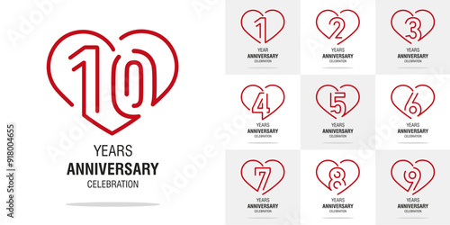 Set of Anniversary vector creative design. Red line art heart shape emblems with numbers for celebration event, invitation, greeting, template, leaflet