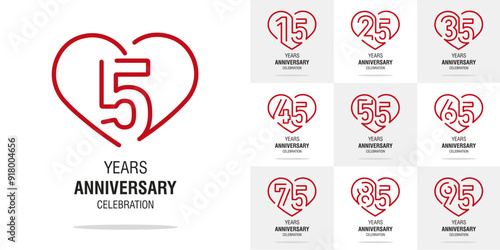 Set of Anniversary vector creative design greetings. Red line art heart shape emblems with numbers for celebration event, invitation, greeting, template, leaflet