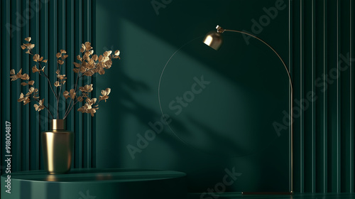 Simple green podium with lighting, in modern abstract atmosphere, for displaying products, artwork or photos photo