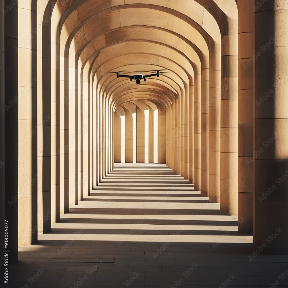 Modern drone flying in empty arched walkway with columns casting shadows in shape of lines on sunny day