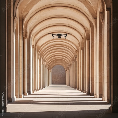 Flying Drone Navigates Arched Corridor with Linear Shadows