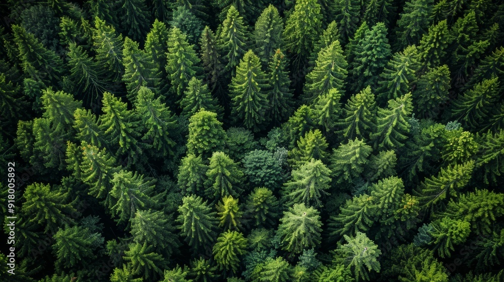 Aerial view of lush green coniferous forest in early morning light Aerial view of lush green coniferous forest in early morning light