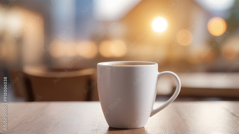 Fototapeta premium white coffee cup on wooden table with steam coming out, International coffee day, 1st october, leisure time, free time tea