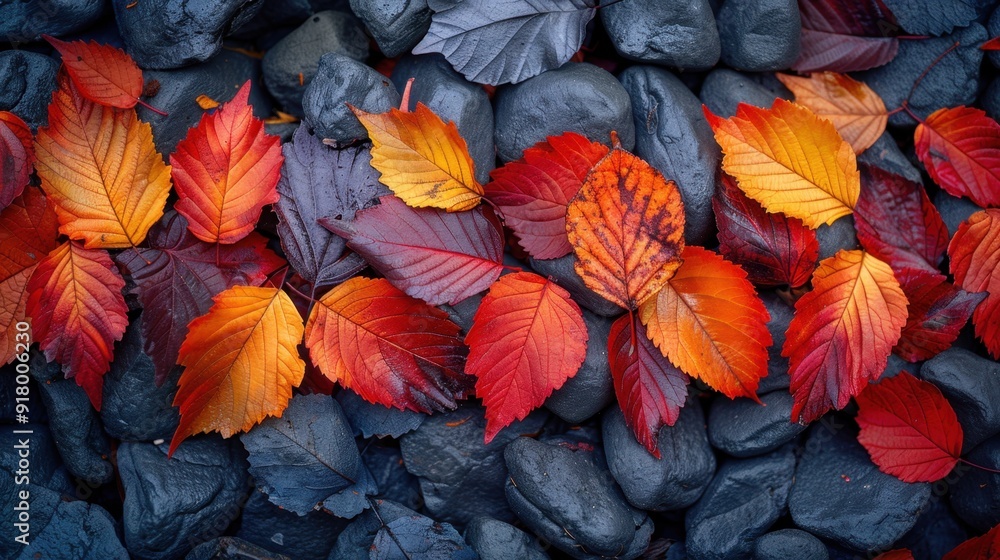 Vibrant Autumn Leaves on a Bed of Smooth Black Stones Vibrant Autumn Leaves on a Bed of Smooth Black Stones
