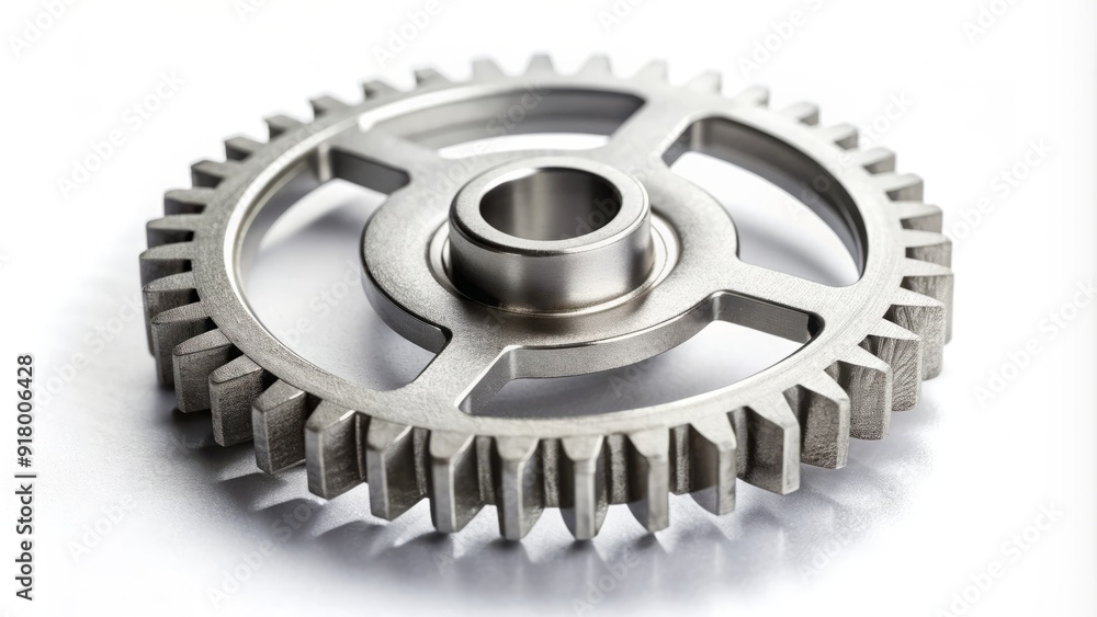 Isolated macro shot of a single silver gear with intricate mechanical details and teeth, set against a clean and minimalist white background. Isolated macro shot of a single silver gear with intricate mechanical details and teeth, set against a clean and minimalist white background.