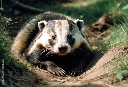 American badger resting on his den site