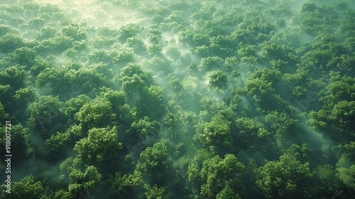 Misty morning sunlight filters through a dense forest canopy in a lush green landscape