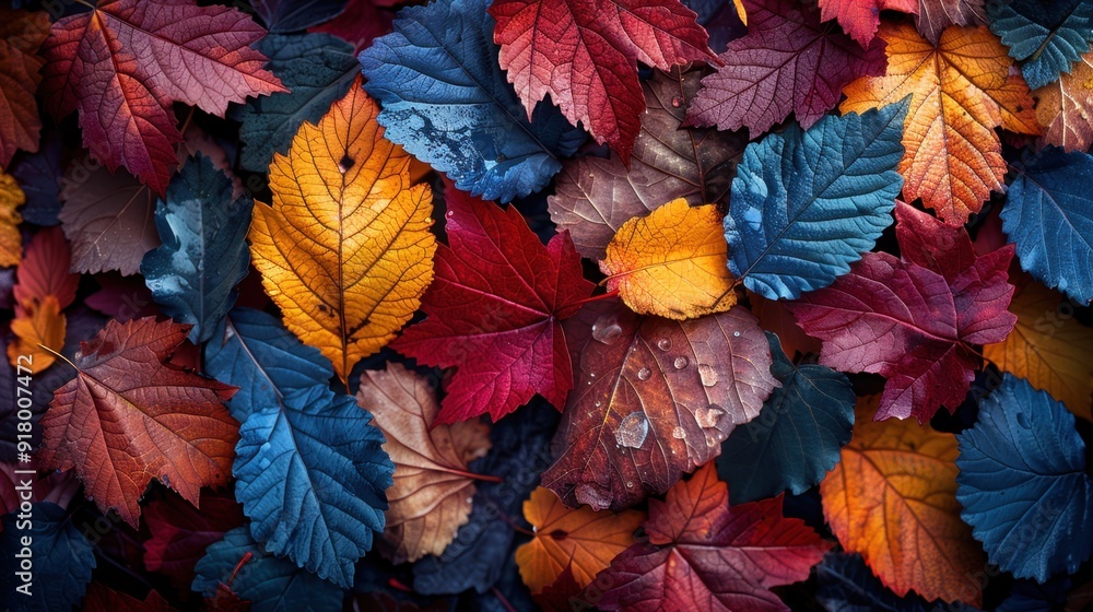 Fototapeta premium Colorful Autumn Leaves with Water Droplets