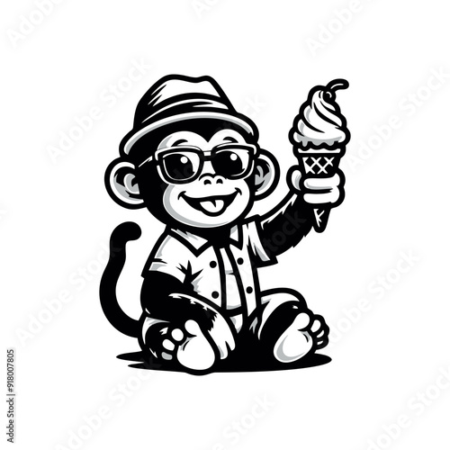 cute monkey logo holding ice cream. Cute monkey with ice cream