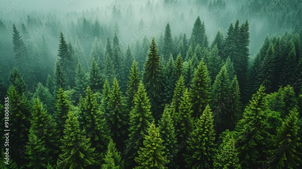 Lush green forest with mist covering treetops in the early morning light Lush green forest with mist covering treetops in the early morning light