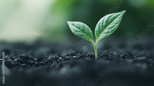 A young, vibrant green plant sprout emerges from rich, dark soil, symbolizing new life and the beginning of growth, captured in a close-up nature photograph.