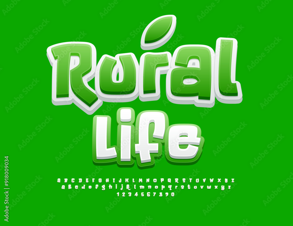 Vector funny badge Rural Life. White and Green Bright Font. Trendy handwritten Alphabet Letters and Numbers set. Vector funny badge Rural Life. White and Green Bright Font. Trendy handwritten Alphabet Letters and Numbers set.