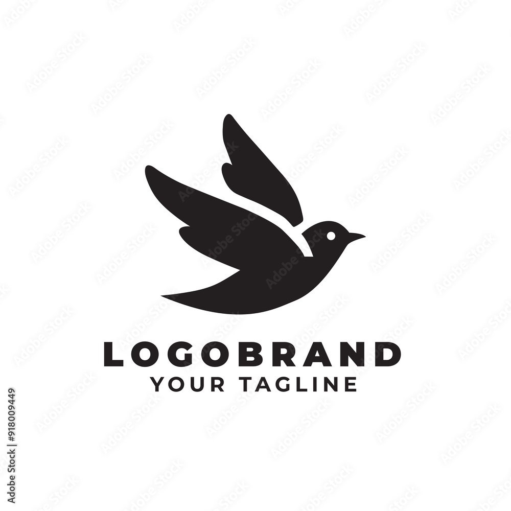 Obraz premium A black and white bird logo with the words logo brand and your tagline. The bird is flying and has a white outline