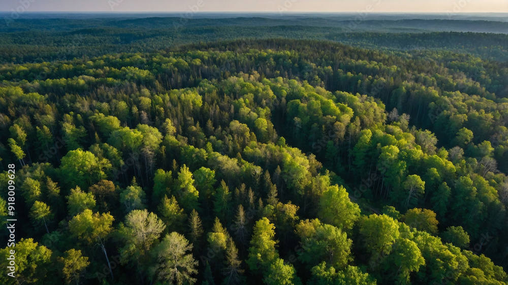 Aerial view of a dense evergreen forest with lush greenery and tall trees captured during summer season. Aerial view of a dense evergreen forest with lush greenery and tall trees captured during summer season.