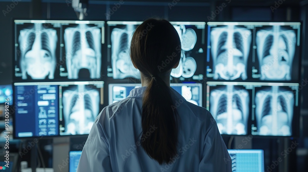 A doctor reviewing x-ray images on computer screens. A doctor reviewing x-ray images on computer screens.
