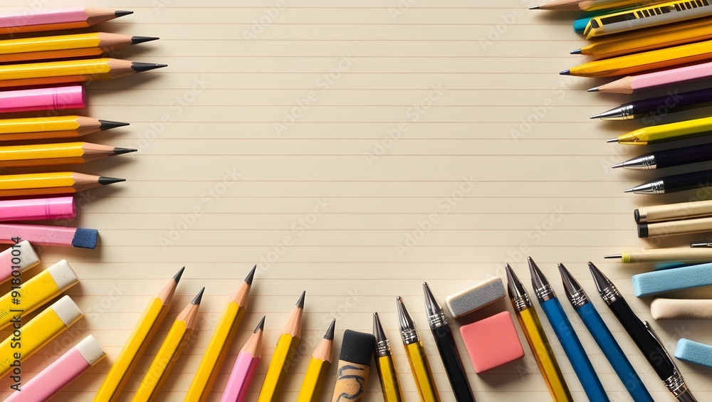 a bunch of pencils and markers on a table with a notepad and pen in the middle of the image. a bunch of pencils and markers on a table with a notepad and pen in the middle of the image.