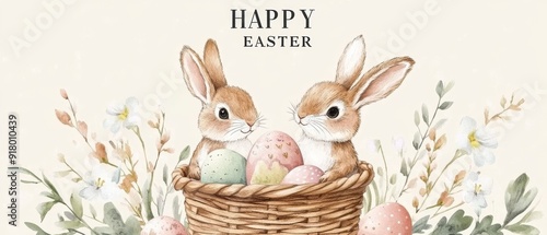 watercolor, vintage easter bunny and eggs in wicker basket with flowers, spring leaves , craft paper background, very soft pastel colors, golden frame border around text 