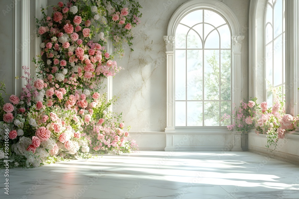 Fototapeta premium Background wedding luxurious white room with flowers and sunshine through the windown generate AI