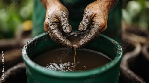 A pair of hands hold a muddy bucket, with a liquid substance dripping down, representing hard work, resourcefulness, and a connection to raw and natural materials.