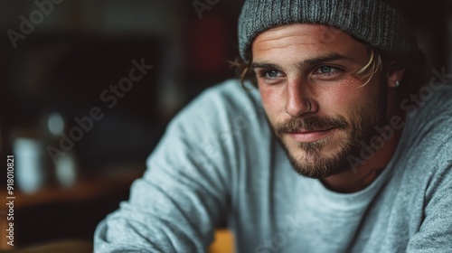 A person wearing a beanie and a gray sweater, leaning forward in a pensive pose, capturing a moment of quiet thought and introspection in a casual, modern setting. photo