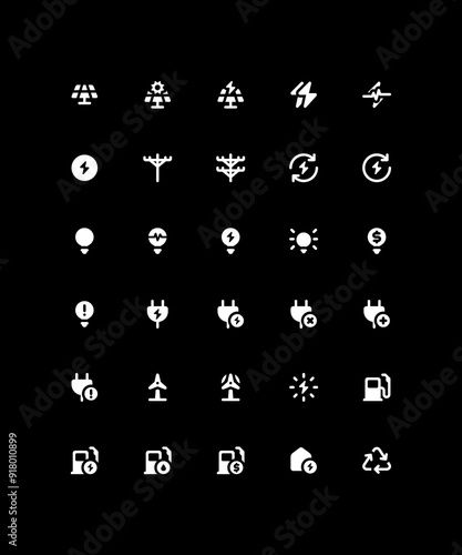 Energy icon set in line style vector. Solar panel, light bulb, electric pole, gas station, wind turbine illustration vector. Simple dark theme outline vector icons. Pixel perfect icon pack.