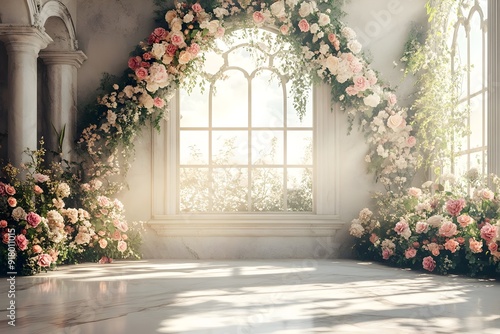 Background wedding luxurious white room with flowers and sunshine through the windown generate AI