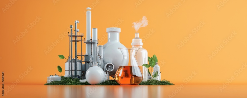 A vibrant laboratory setup featuring glassware and plants, showcasing the fusion of science and nature with an orange backdrop. A vibrant laboratory setup featuring glassware and plants, showcasing the fusion of science and nature with an orange backdrop.