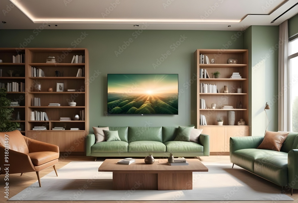 A living room with a blue wall and a painting of a bird on the wall Photo modern style interior room 3d illustration A living room with a blue wall and a painting of a bird on the wall Photo modern style interior room 3d illustration