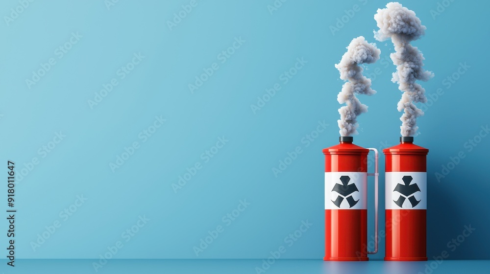 Obraz premium Industrial waste barrels emitting smoke against a blue background, symbolizing pollution and environmental concerns.