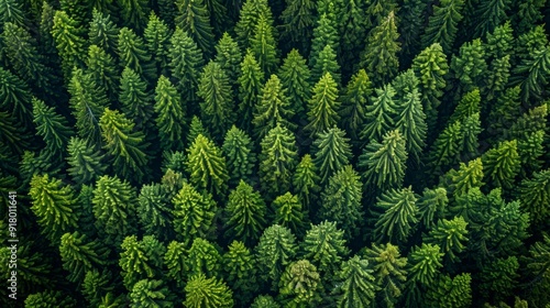 Expansive view of lush green coniferous forest in early morning light