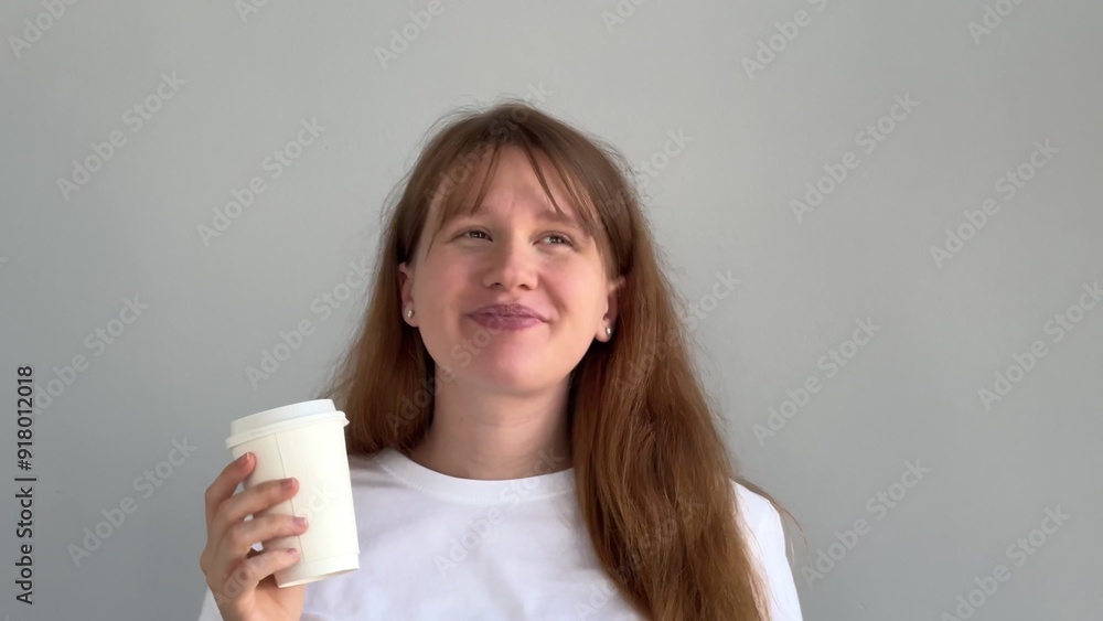 Happy young woman is drinking cup of coffee and having fun Happy young woman is drinking cup of coffee and having fun
